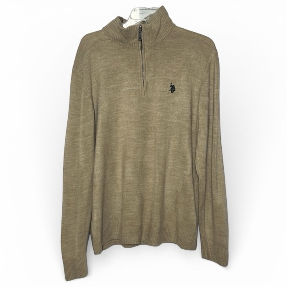 U.S. POLO ASSN. Mens Long Sleeve Pull Over 1/4 Zip Sweater Tan - M